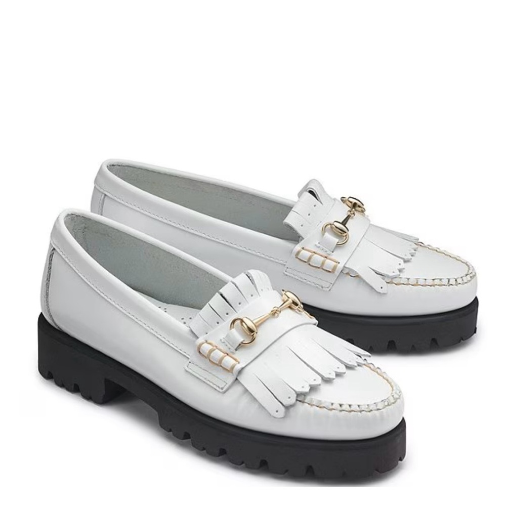 G.H. Bass & Co. White Slip-On Loafers with Fringe and Platform Sole